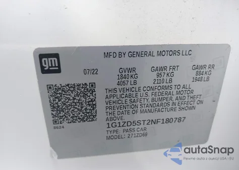 2022 Chevrolet Malibu Fwd Lt z USA, uszkodzony, nr VIN 1G1ZD5ST2NF180787